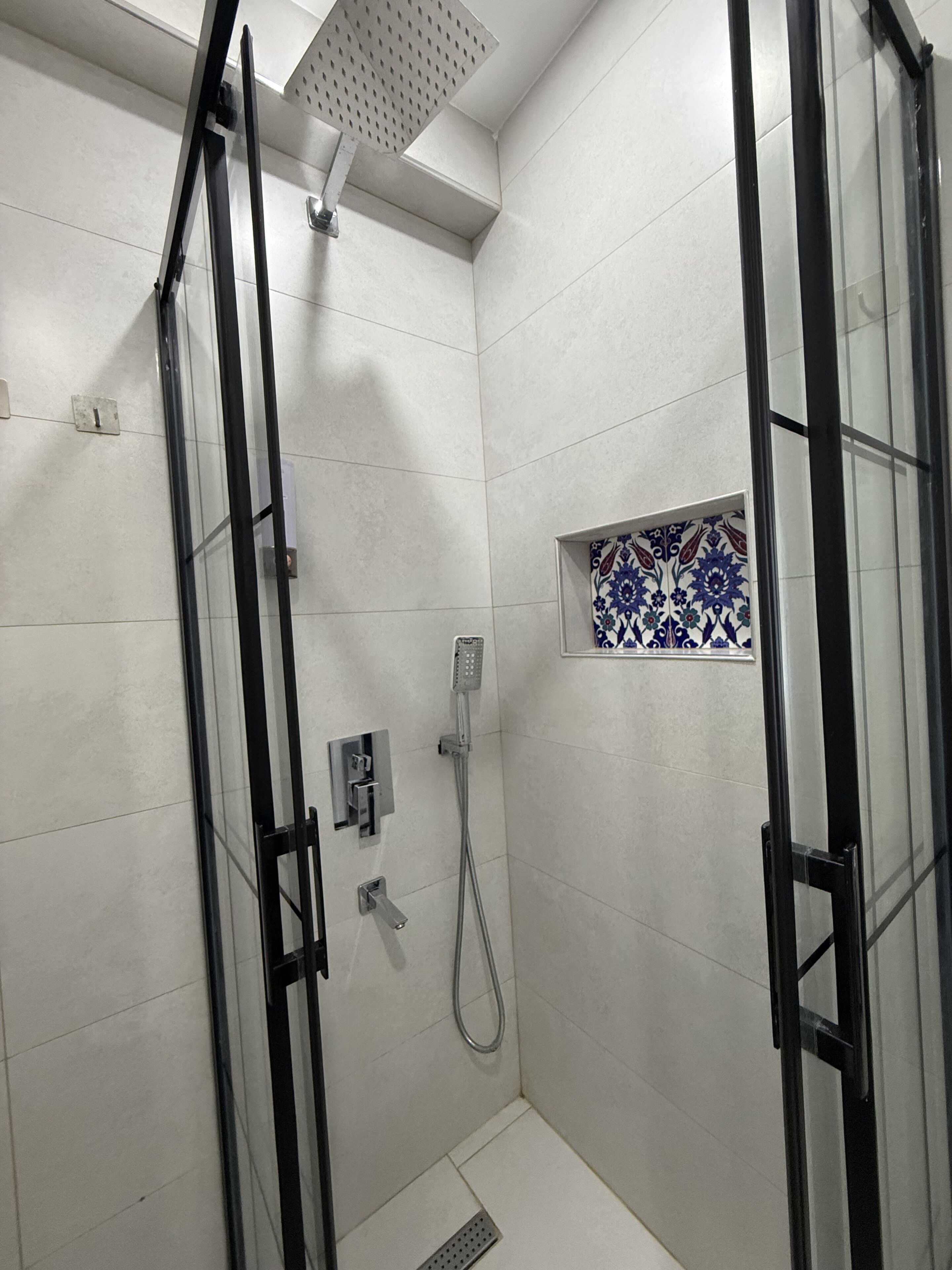 Shower, hair dryer, bidet, towels