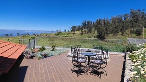 A patio with a table and chairs, a view of the landscape, and a red-roofed building.