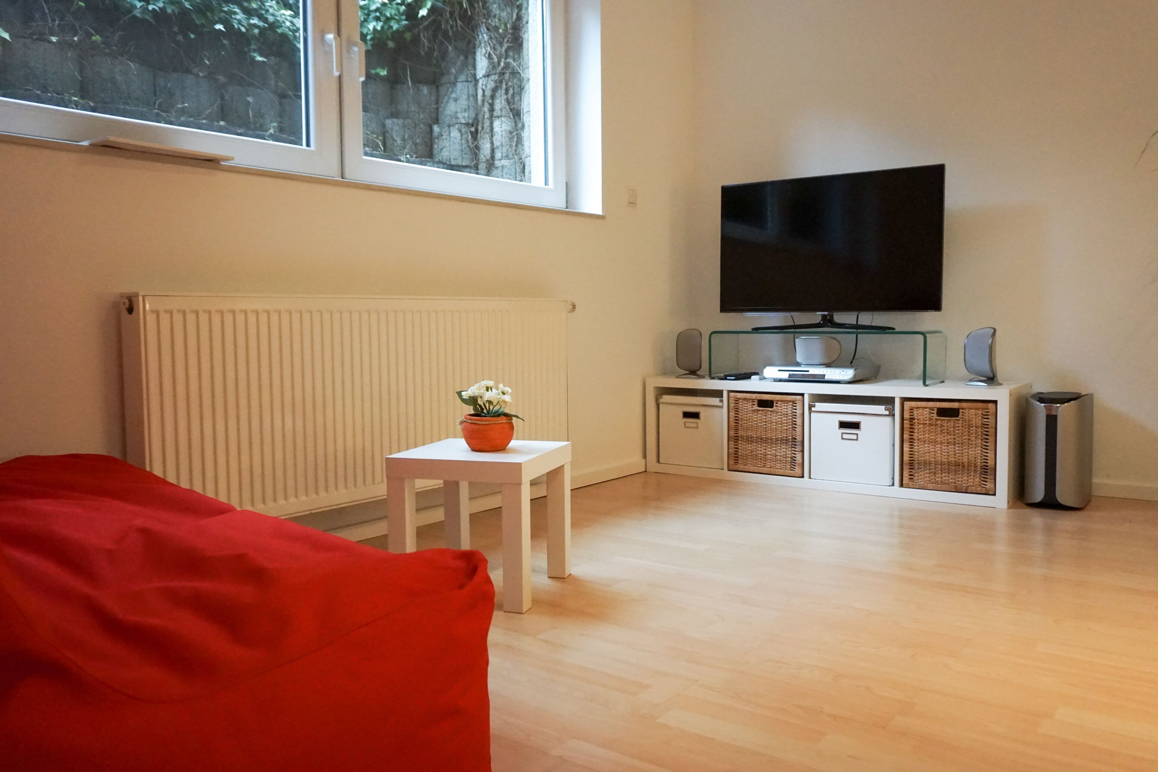 Een moderne woonkamer met een rode bank, een kleine witte tafel met een potplant, een flatscreen televisie op een standaard en een witte radiator.