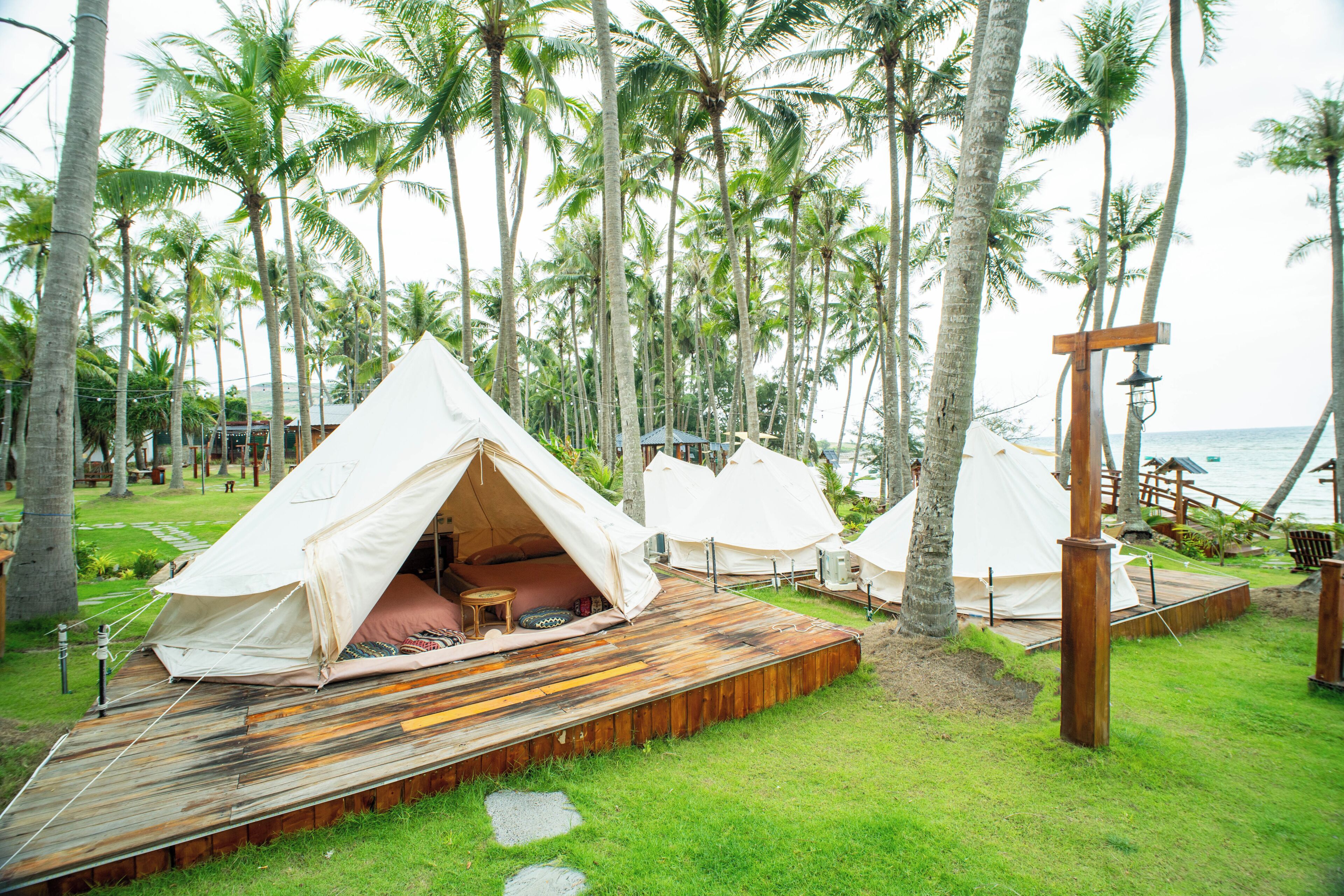 A beachside campsite with multiple tents, wooden deck, and palm trees.