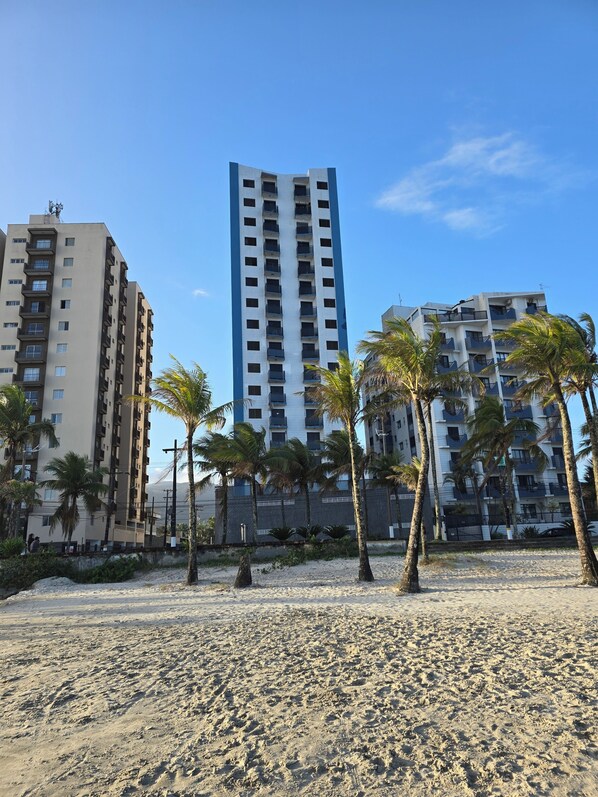 Une plage bordée de palmiers, avec des immeubles de grande hauteur en arriÚre-plan.