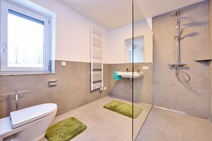 Ducha, secador de pelo, toallas y champú