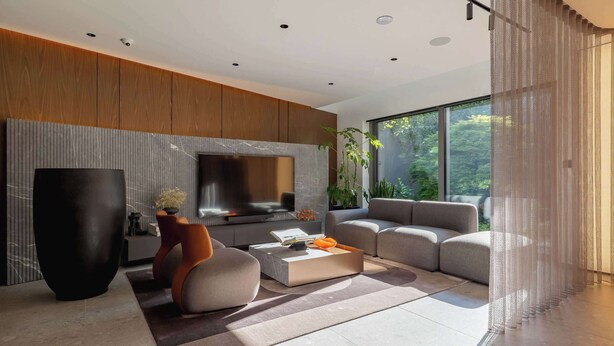 A modern living room with a large flat-screen TV, a sofa, a coffee table, and a large planter.