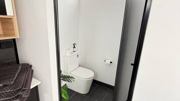 Shower, towels, soap, toilet paper