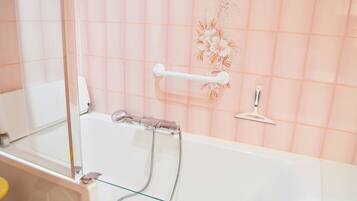 Hair dryer, towels, soap, toilet paper