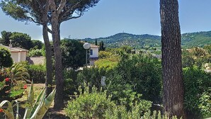 Un paysage rural avec des arbres, une colline et un bâtiment doté d’un toit en tuiles.