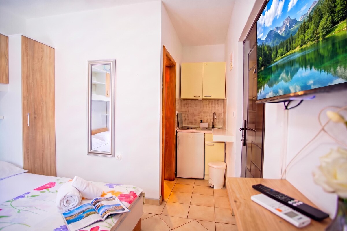 A hotel room with a bed, a TV, a small kitchenette, and a bathroom.