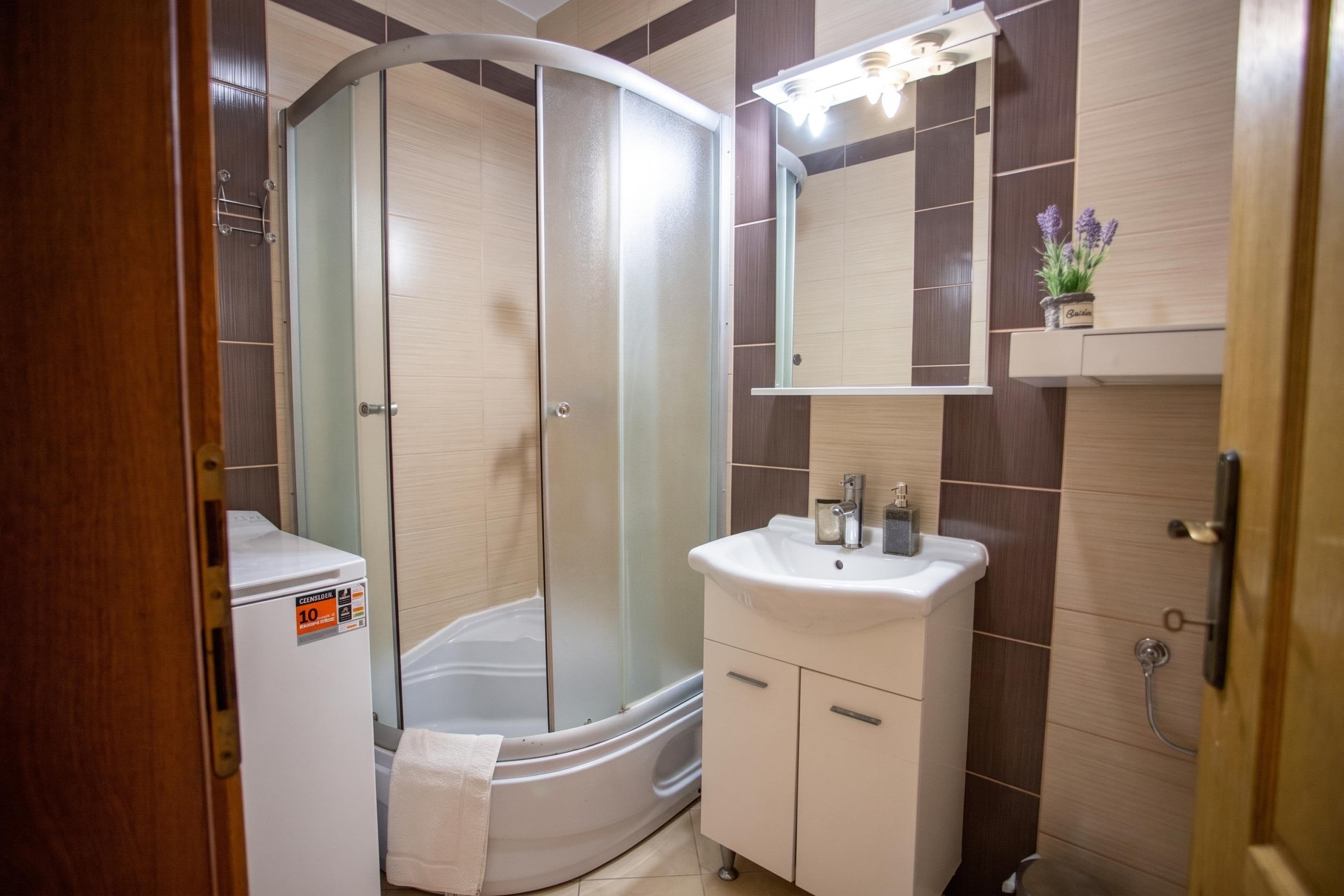 A modern bathroom with a curved shower enclosure, a white sink, and a mirror above the vanity.