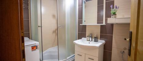 A modern bathroom with a curved shower enclosure, a white sink, and a mirror above the vanity.