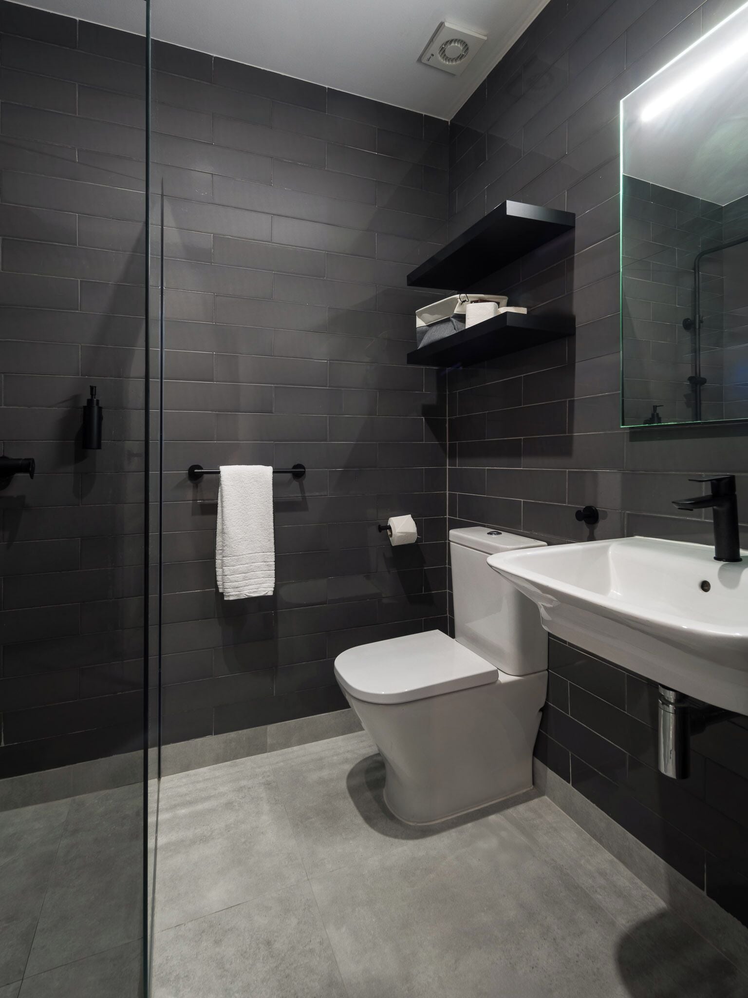 A modern bathroom with dark tiles, a glass shower enclosure, a white toilet, and a sink with a mirror.