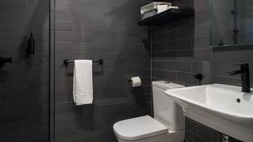 A modern bathroom with dark tiles, a glass shower enclosure, a white toilet, and a sink with a mirror.