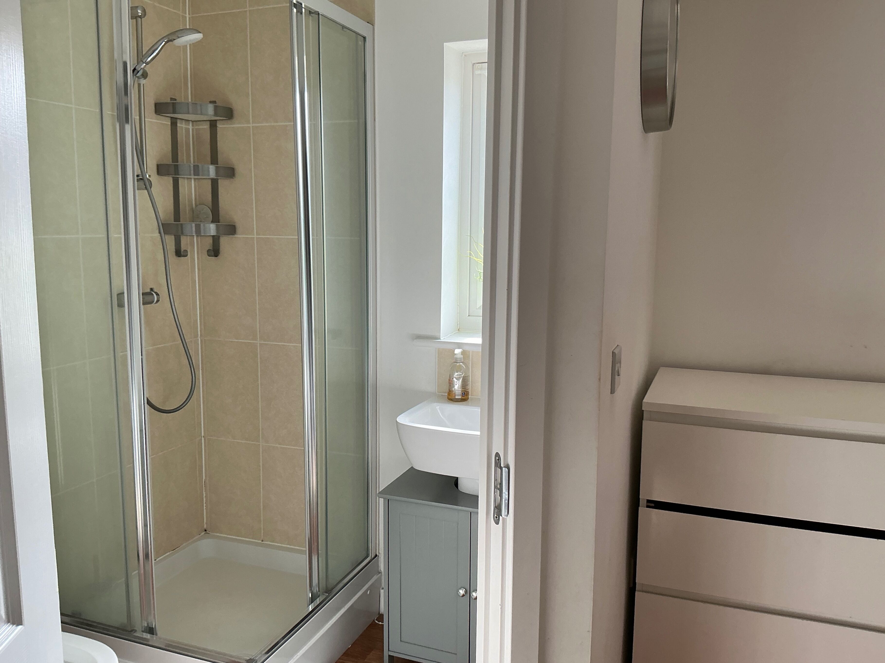 Een badkamer met een douchecabine van glas, een witte wastafel en een kast.