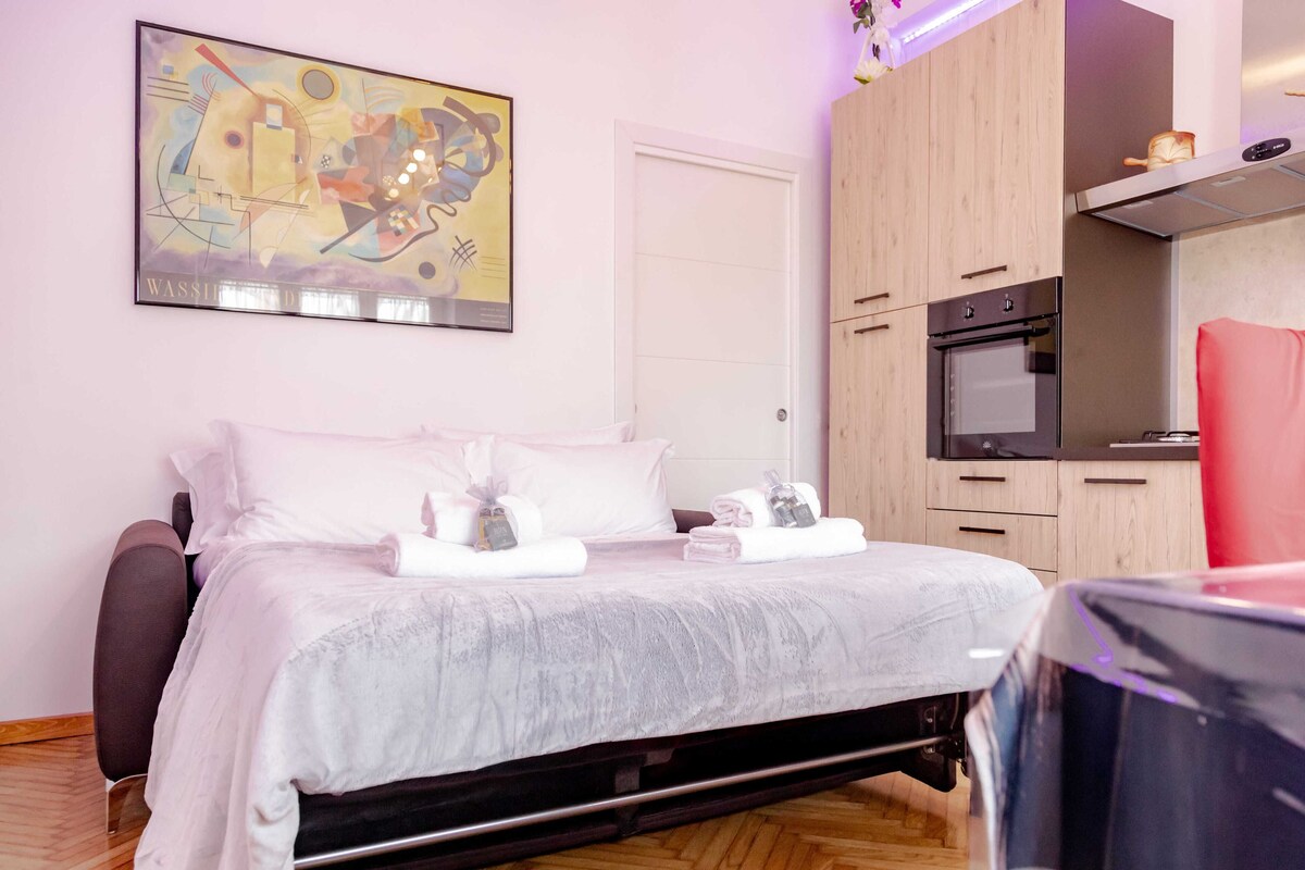 Un dormitorio con cama, un cuadro, una kitchenette y una puerta.