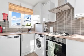 A modern kitchen with a dishwasher, washing machine, oven, and stove. - Buie`s Runway Retreat (Edinburgh)