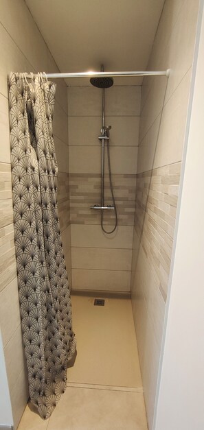 Ducha, secador de pelo, toallas, jabón