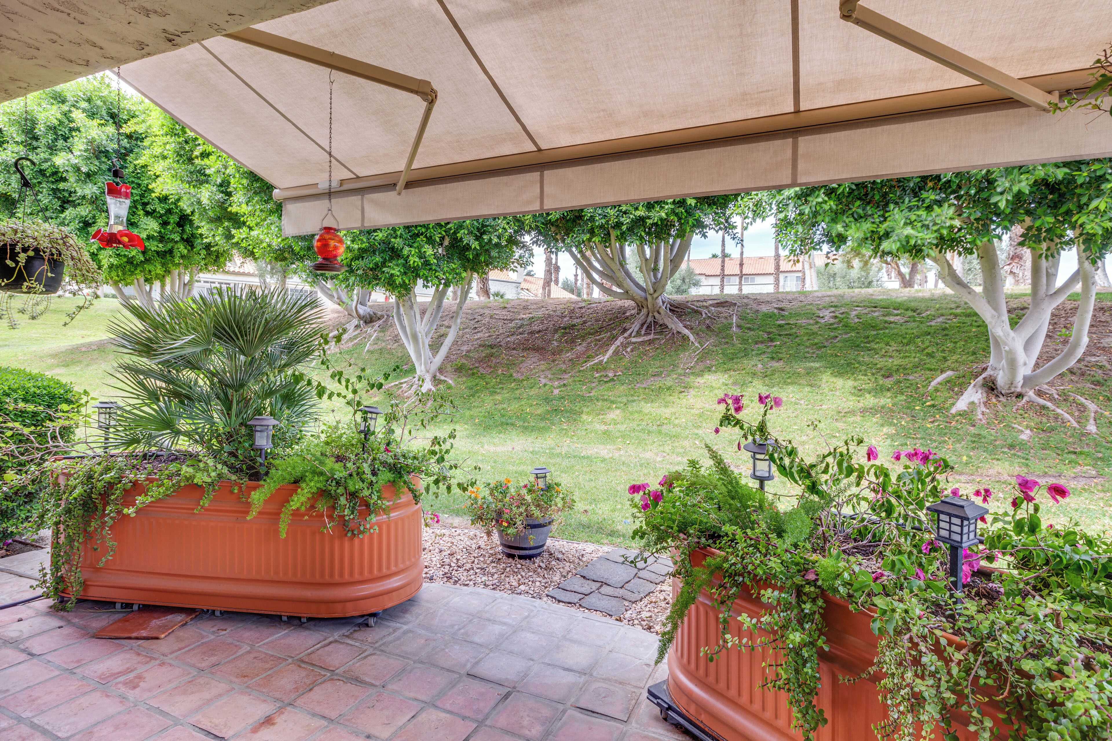 Ein überdachter Patio-Bereich mit Topfpflanzen, einer Pergola und Blick auf eine Rasenfläche mit Bäumen.
