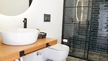 Hair dryer, bathrobes, slippers, towels