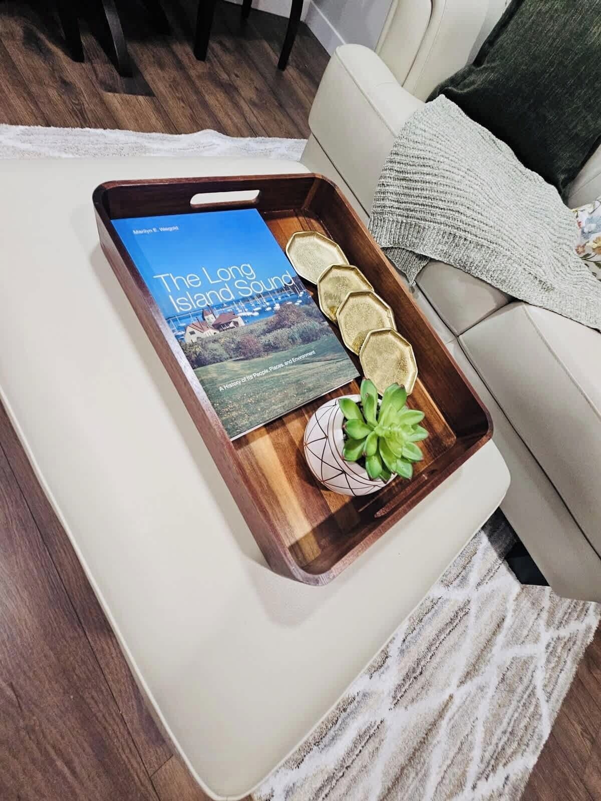 A wooden tray with a book titled 'The Long Island Sound' and a succulent plant on a white sofa.
