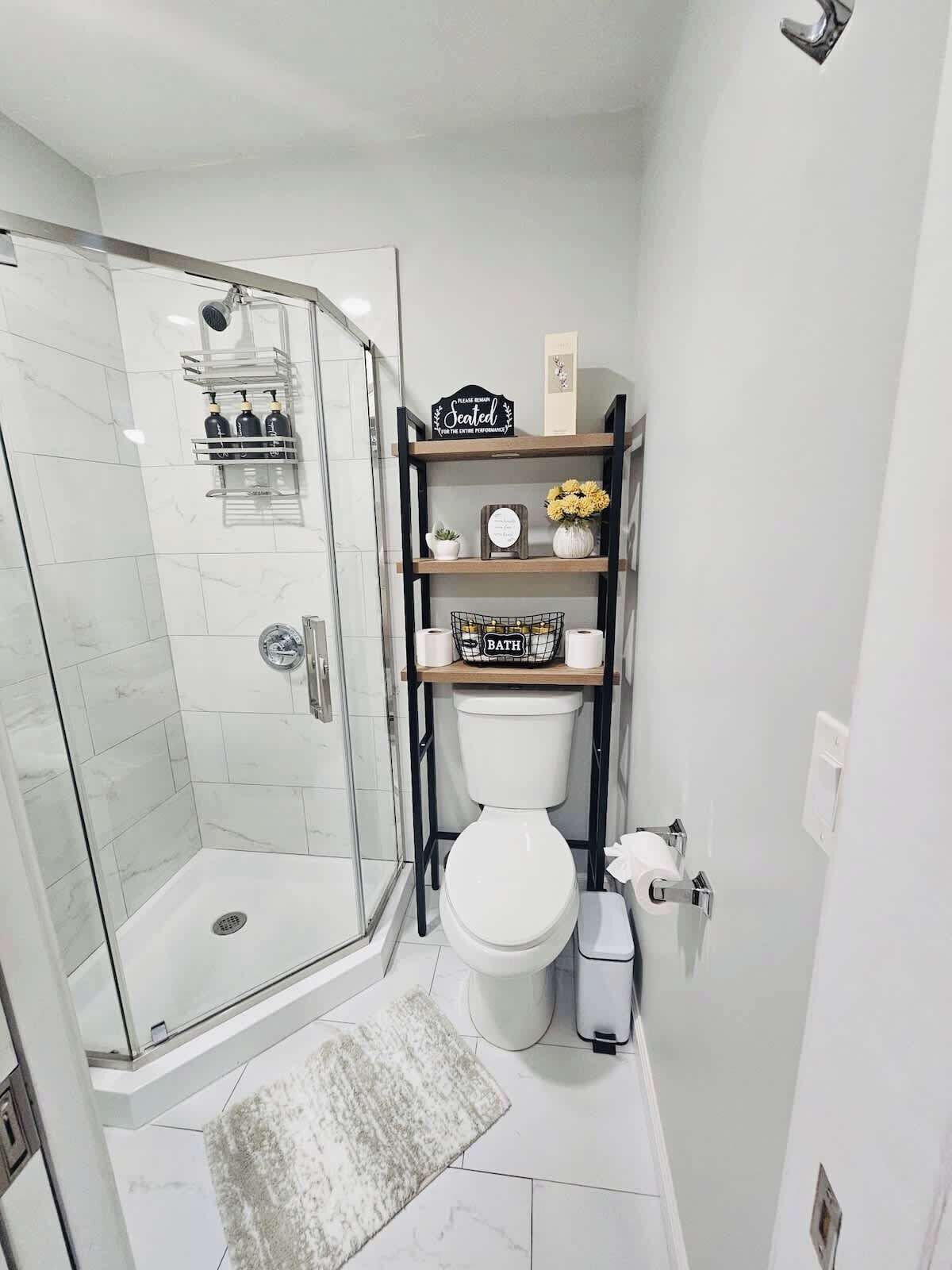 Shower, hair dryer, shampoo