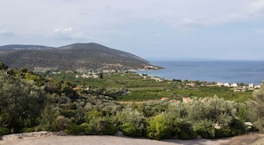 A coastal landscape with a mountain, a village, and a road. - Epidavros Villas - Elia Garden Retreat w Pool (Epidaurus)
