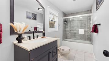 Hair dryer, towels, soap, toilet paper