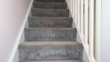 Una escalera con peldaños alfombrados y barandillas blancas.