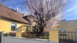 En bostadsbyggnad med en gul fasad, ett tak täckt med takpannor och ett träd med rosa blommor framför.