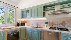 A kitchen with teal cabinets, a stainless steel range hood, a dishwasher, and a window with a view of greenery. - Holiday Home 'Tenuta Lu Mimmu' with Private Terrace, Wi-Fi and Air Conditioning (Matino)
