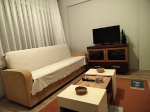 A living room with a sofa, a TV on a wooden cabinet, a coffee table, and a rug.