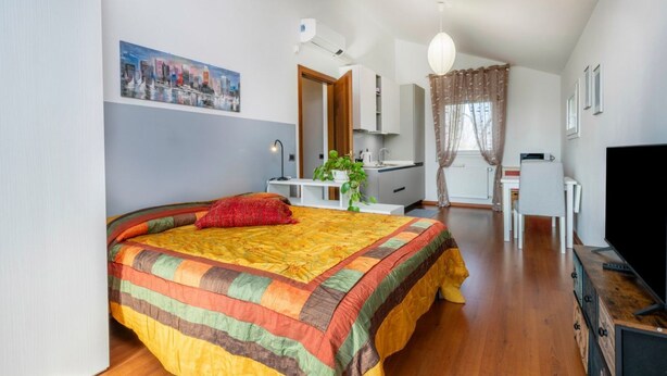 A bedroom with a bed, a desk, a chair, a television, and a window with curtains. - A comfortable and bright 40 sq m studio apartment, perfect for two people, located on the first floor of a small villa (no elevator).The property is located in an extremely quiet area surrounded by greenery, with a cycle path nearby. Guests can easily re (Udine)