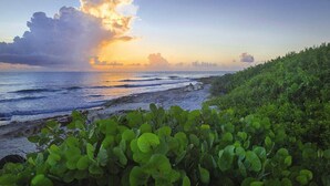A coastal landscape with a sunset, ocean waves, and dense green vegetation. - Isla Mujeres | Relaxing Island Retreat | Pool + Beach (Isla Mujeres)