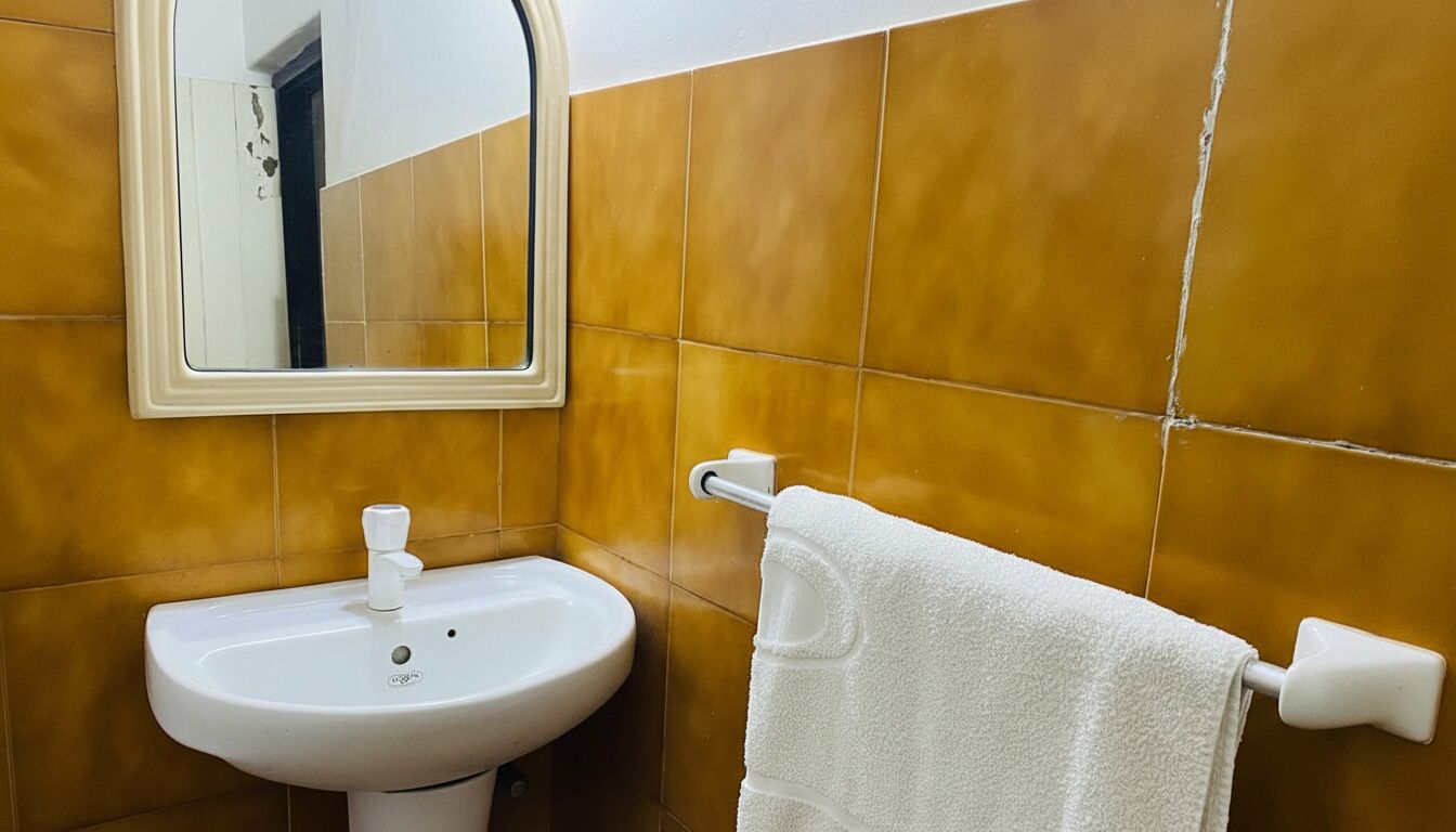 Une salle de bain avec un lavabo blanc, un miroir et un porte-serviettes.