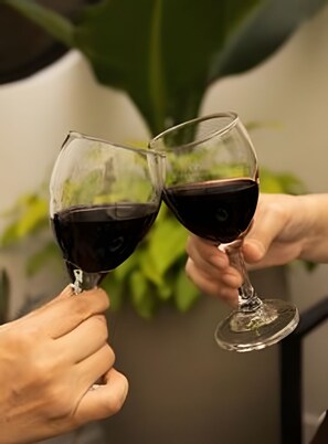 Two hands holding wine glasses filled with red wine, toasting. - Bluelux MDE B&B (Medellín)
