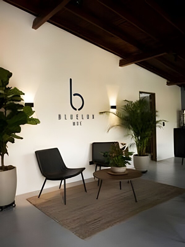 A modern interior with a minimalist design, featuring a reception area with two black chairs, a small round table, and a potted plant.