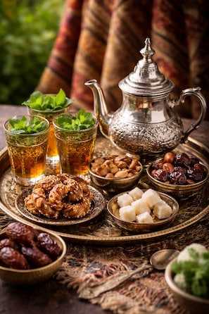 A tray with a teapot, glasses of tea, nuts, dates, and sweets. - Berber Family (Tilmi)