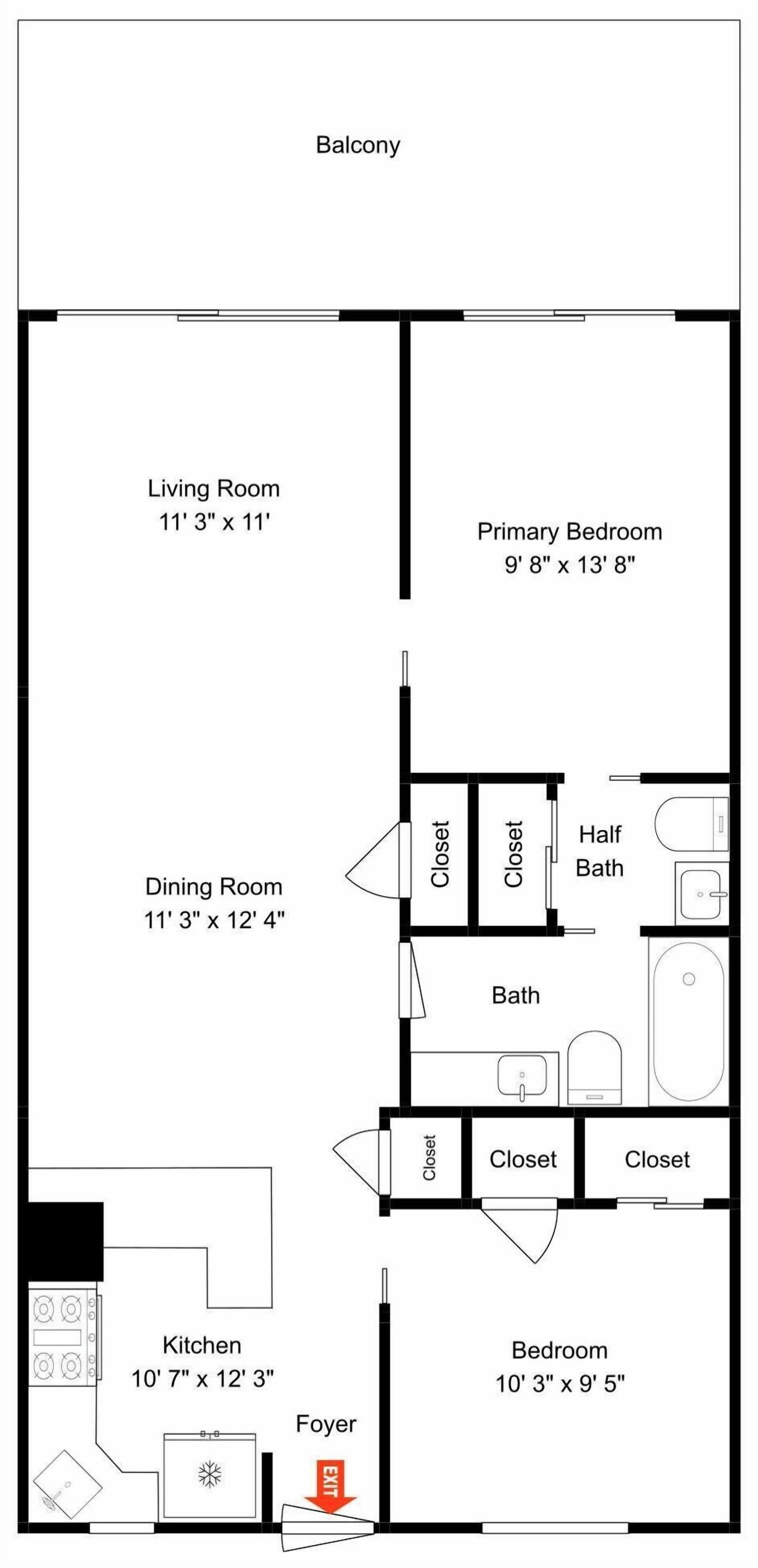 Plano de planta que muestra una sala de estar, comedor, cocina, habitación principal, habitación secundaria y un balcón.