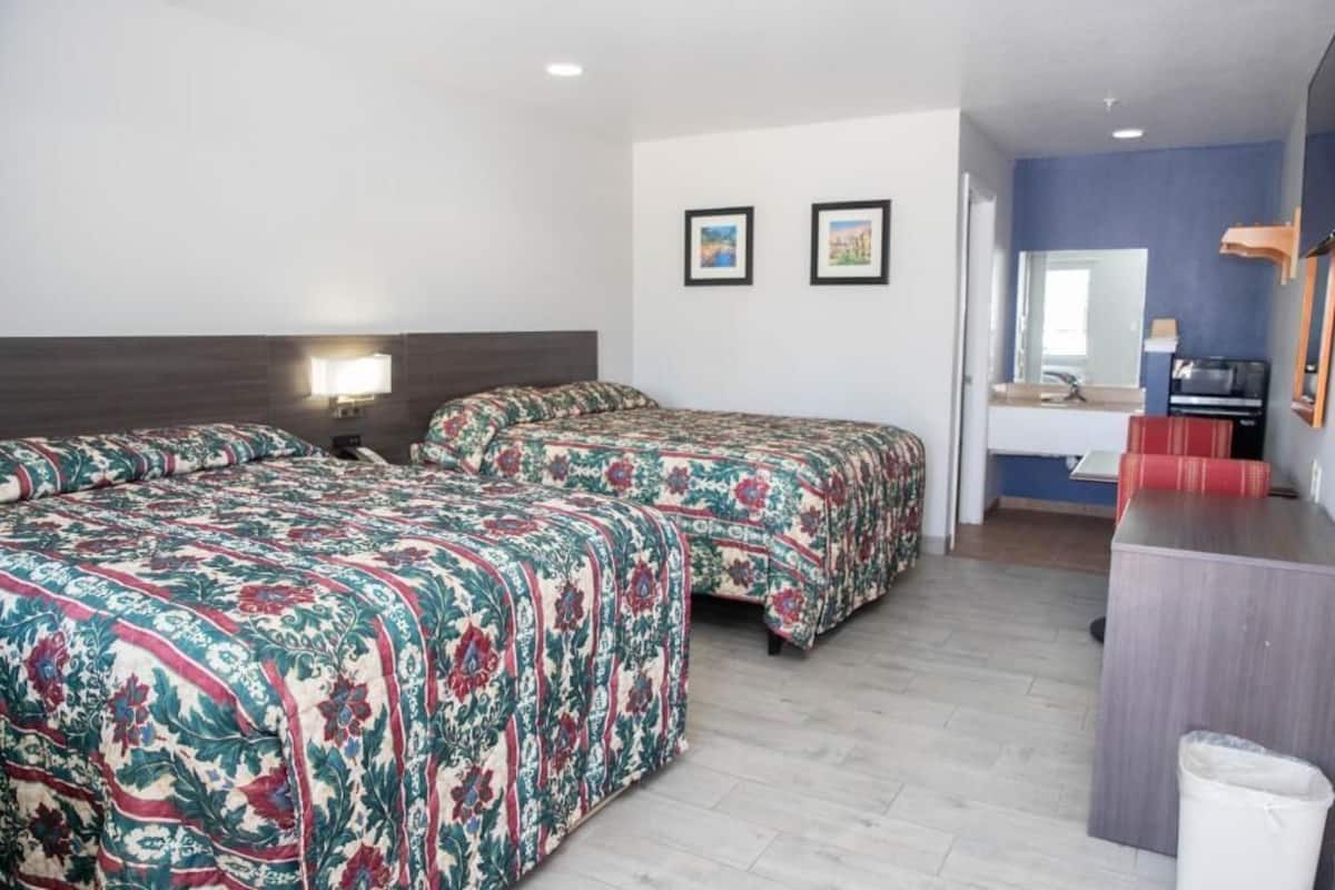 Habitación de hotel con dos camas, un escritorio, una silla, un televisor y un espejo.