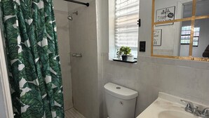 Un baño con inodoro, ducha, lavamanos y espejo.