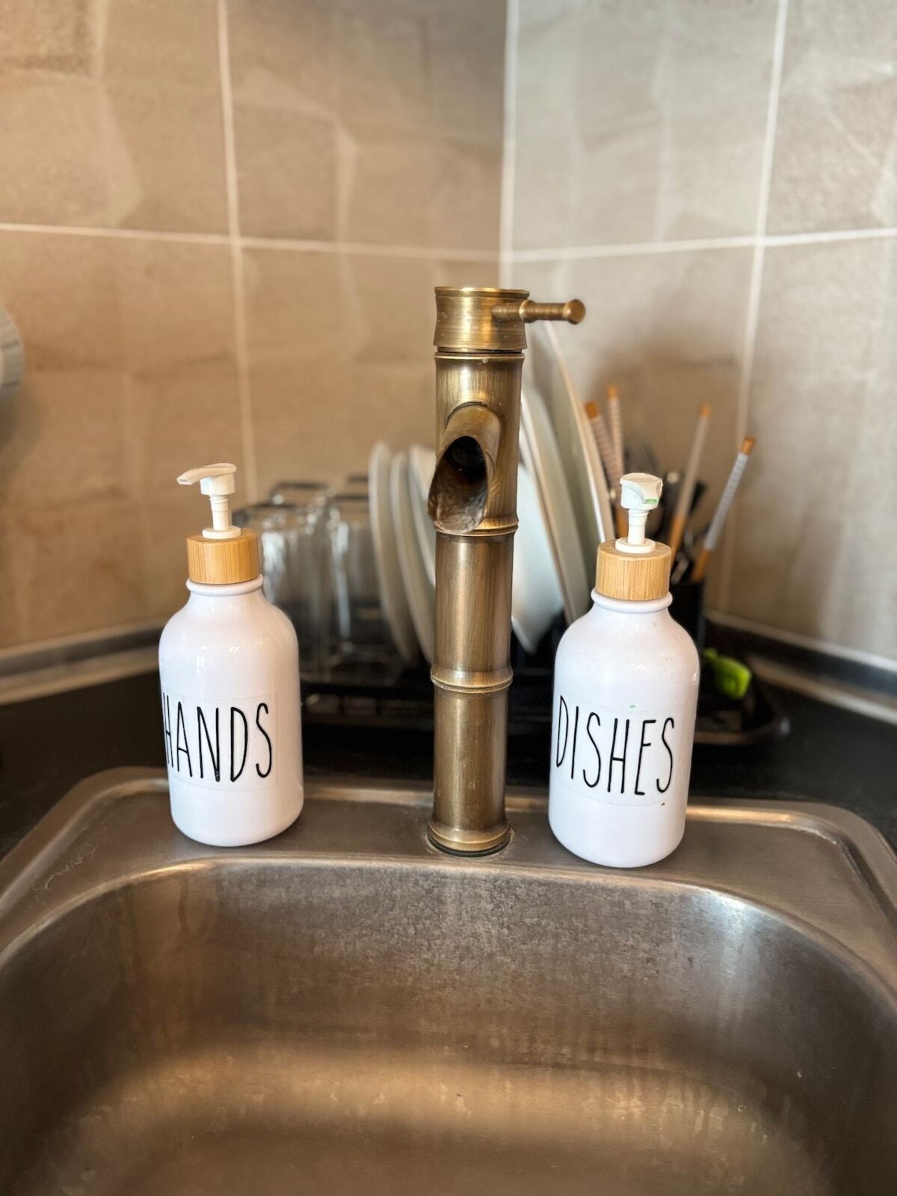A kitchen sink with two soap dispensers labeled 'HANDS' and 'DISHES' and a dish rack in the background.
