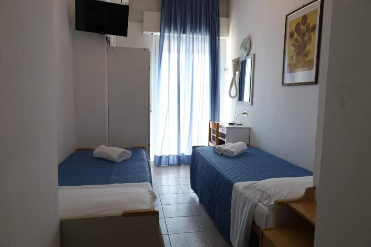 Ein Hotelzimmer mit zwei Einzelbetten, einem Fernseher, einem Schreibtisch und einem Spiegel.