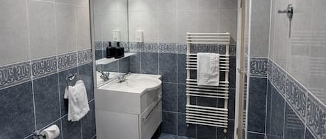 Hair dryer, bidet, towels, soap