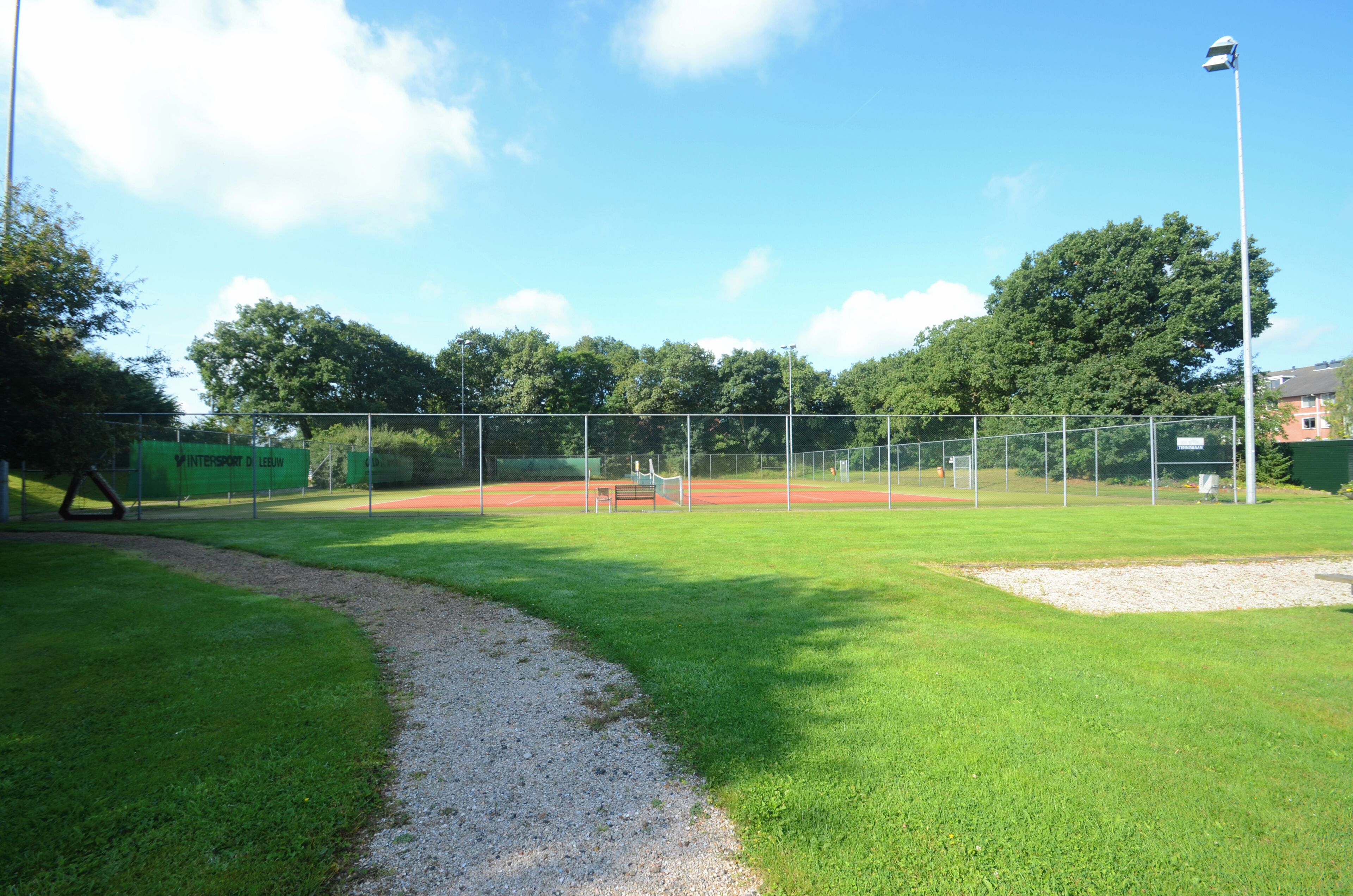Um campo de beisebol com um caminho de cascalho, grama verde e uma cerca.