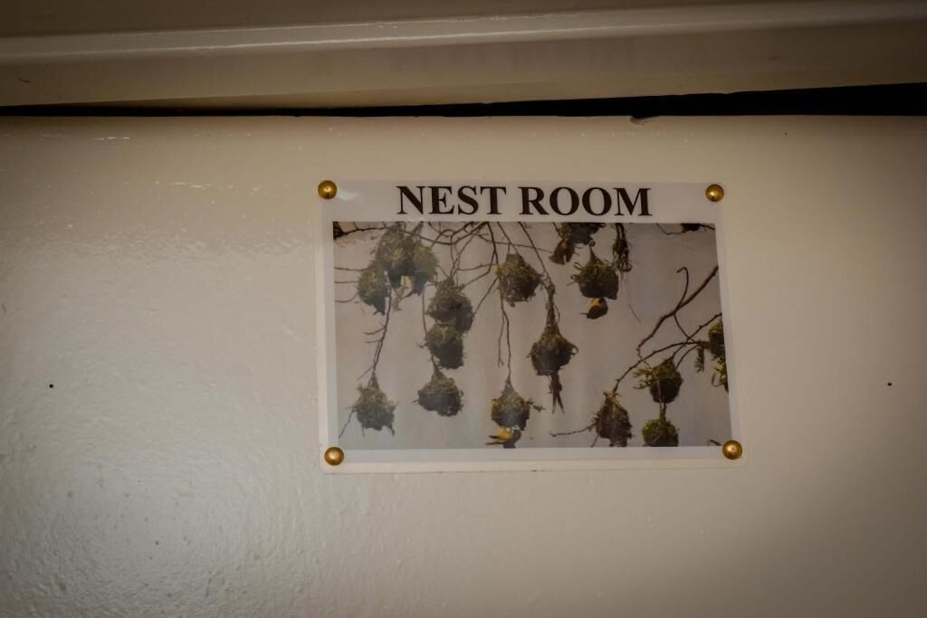 A wall-mounted sign indicating a 'NEST ROOM' with a photograph of bird nests.