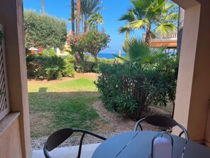 A patio with a table and chairs, overlooking a garden with various plants and a view of the sea.