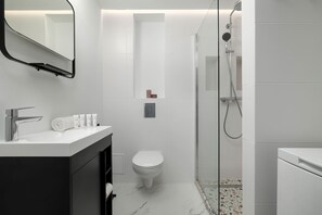 Douche, sèche-cheveux, serviettes fournies, shampoing