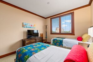 A hotel room with two beds, a television, a painting, and a window with blinds. - Hale Alani Resort-style Stay (Kapolei)