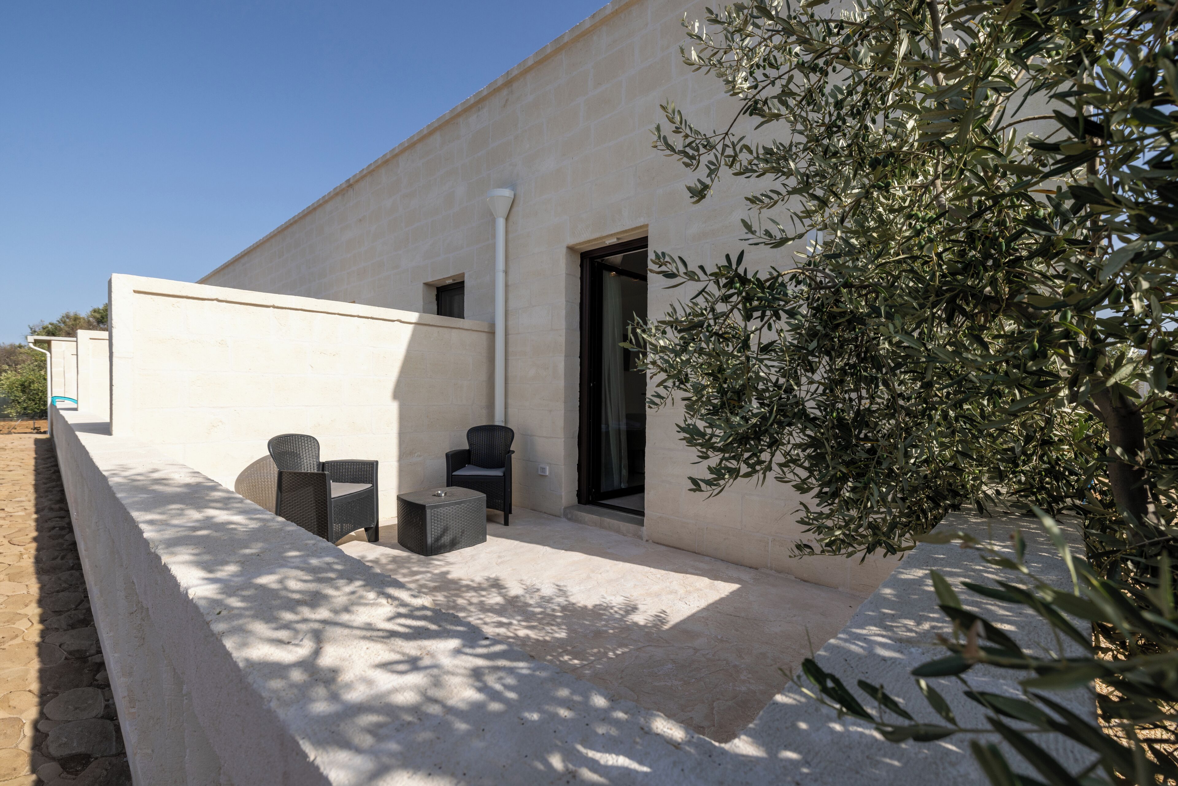 A modern building with a flat facade, a small outdoor seating area with two chairs and a table, and a large olive tree in the foreground.