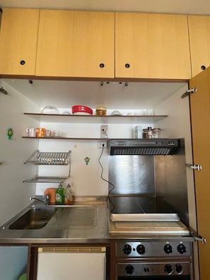A compact kitchen with wooden cabinets, a stainless steel stove, a sink, and a small countertop with dishware.