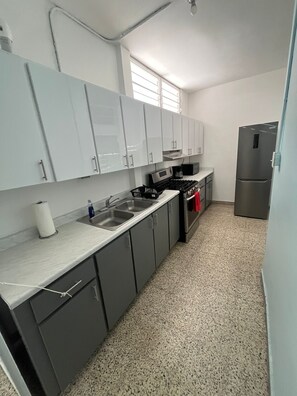 A kitchen with grey cabinets, a stainless steel refrigerator, a stove, and a sink. - Lovely 3-bedroom house with AC centrally-located to beaches, restaurant, airport (Santurce)