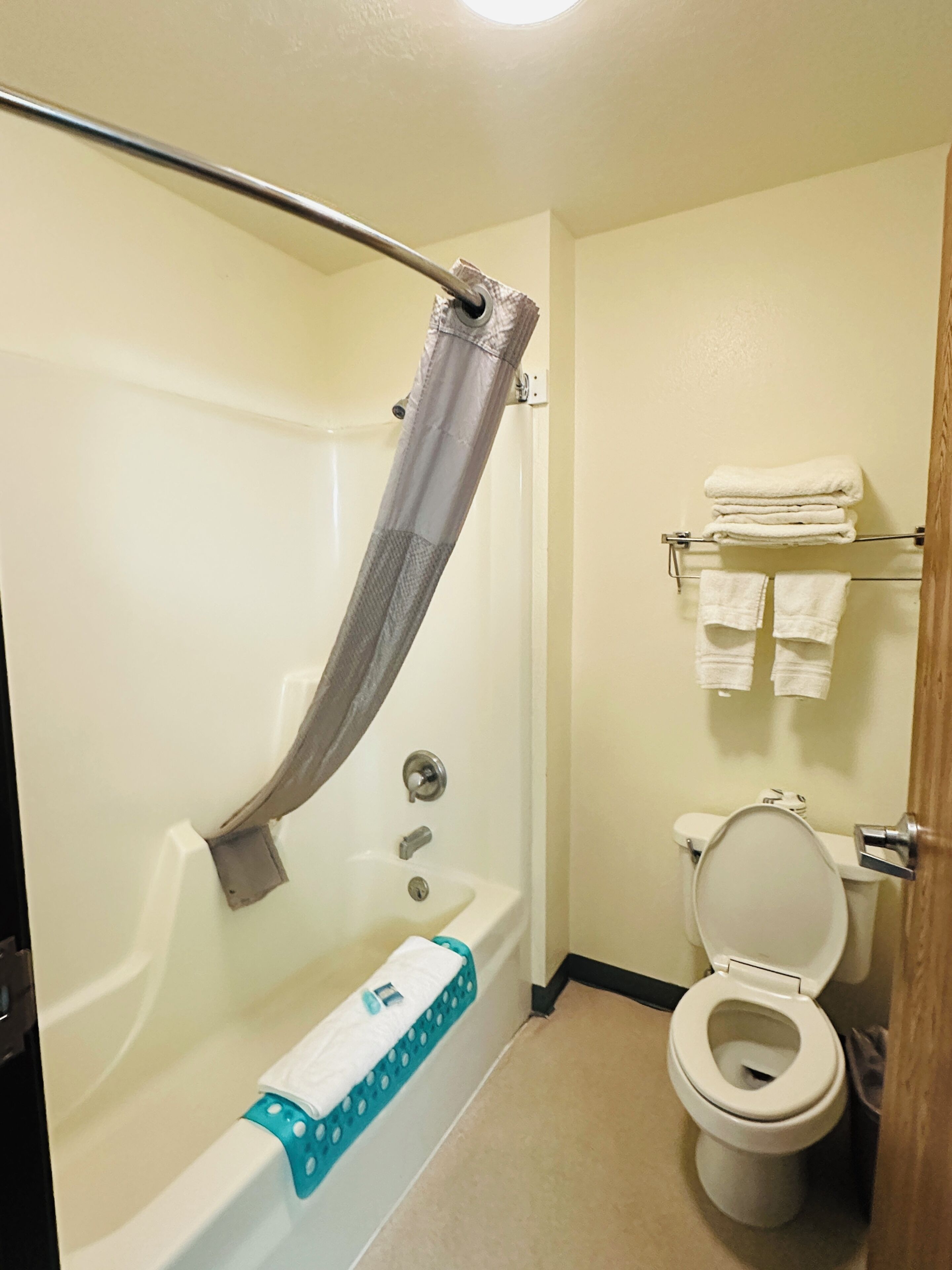 Combined shower/tub, hair dryer, towels, soap